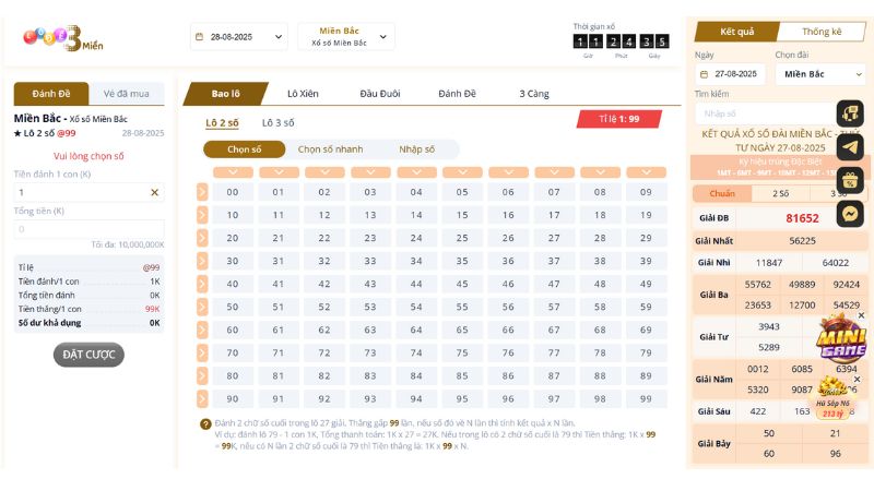 Các cửa cược tại sảnh xổ số MB