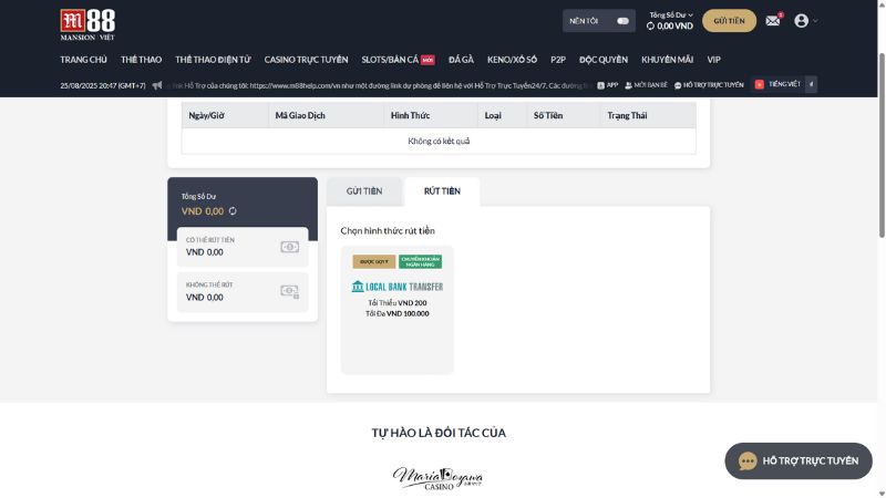 Roulette Hầm Vàng M88 3 Hệ thống rút tiền hiện đại, tiện lợi