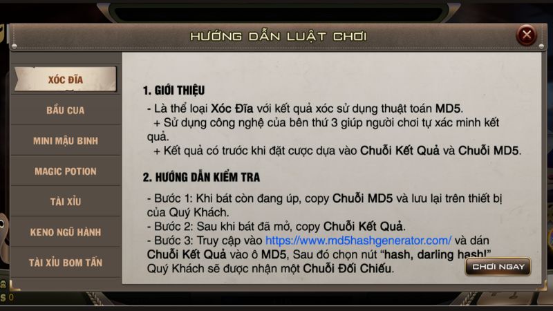 Hướng dẫn chơi xóc đĩa MD5 tại M88