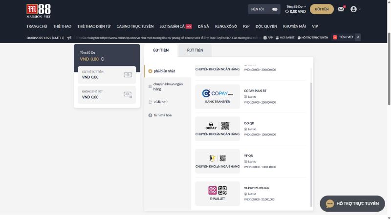 Đa dạng các phương thức nạp tiền để chơi tài xỉu tại M88