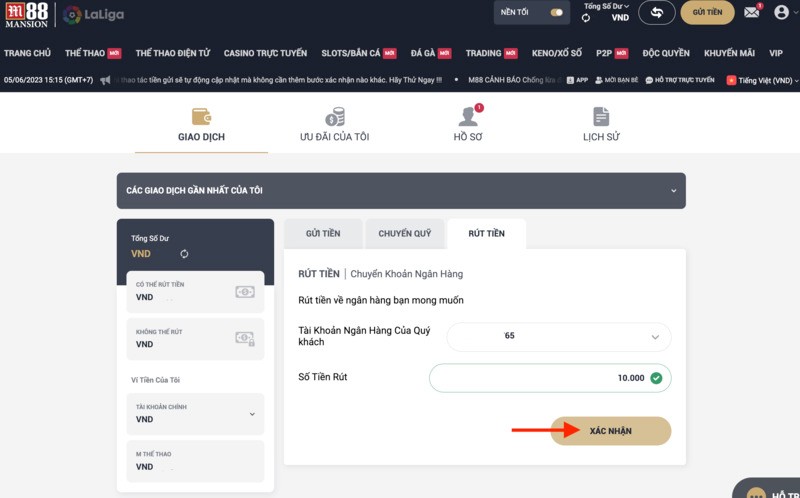 Rút tiền: 3 bước rút thưởng M88 không mất phí 2 Rút tiền m88